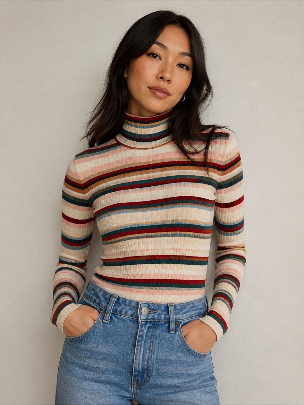 Gap Ribbed Striped Turtleneck Sweater Y2K 70s Retro Preppy Academia Multicolor